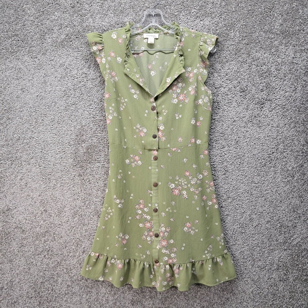 Monteau Los Angeles Womens Sage Green Floral Button Front Ruffle Mini Dress L